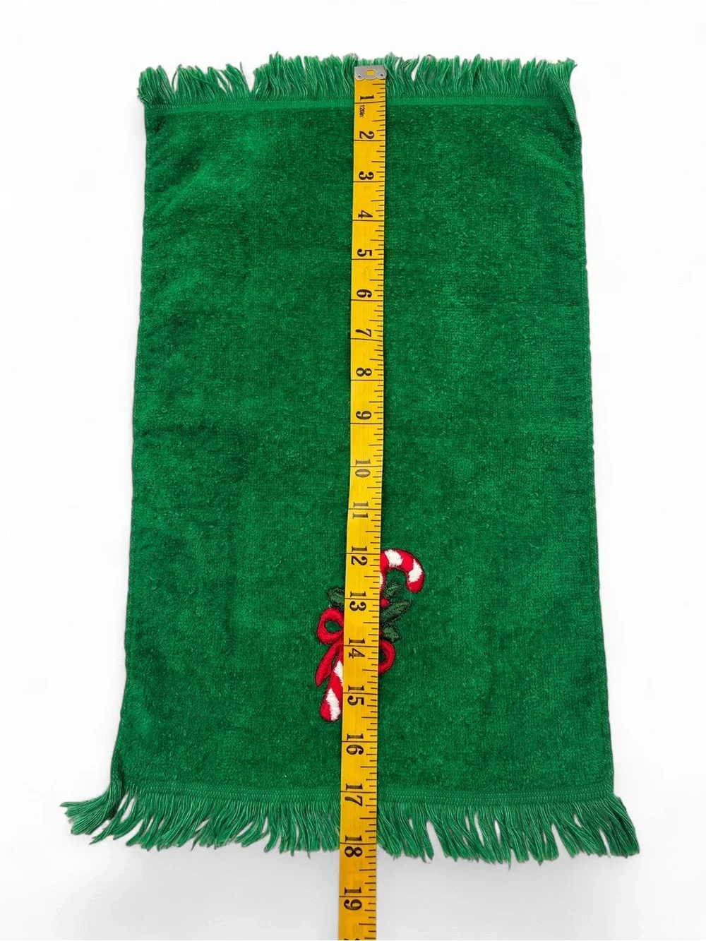 2 Vintage Fieldcrest Holiday Hand Towels Red Green Fringe Applique Made In USA
